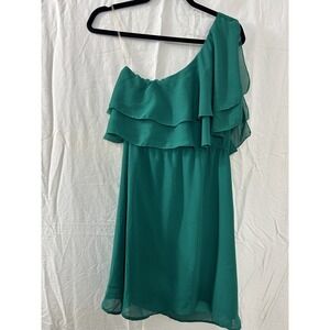 Buttons Mini Dress‎ Womens Size XS One Shoulder Solid Green Ruffles